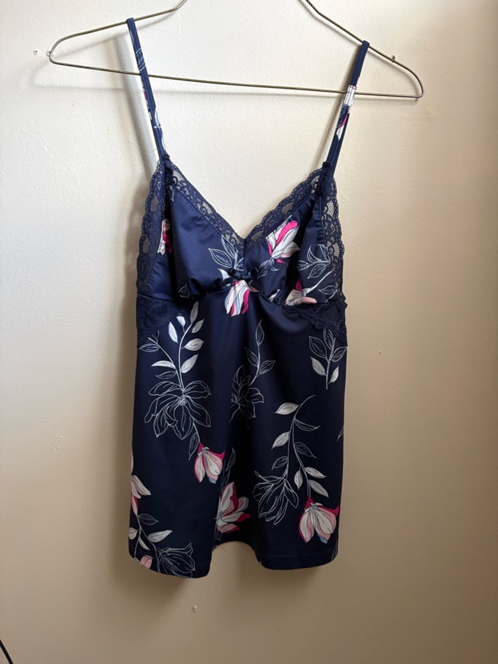 La Vie En Rose navy floral camisole with lace trim